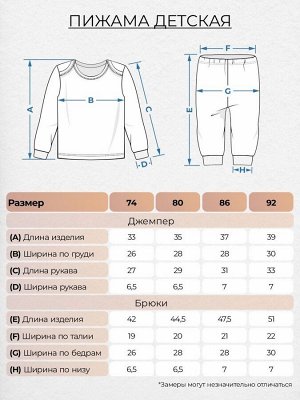 Пижама Российский размер: 74 | 80
Возраст: 9М | 1
Обхват груди: 48 | 52
Артикул поставщика: 91261
Ткань: Кулирная гладь-карде
Состав: 100% Хлопок
Год: 2024
Страна: Россия

Пижама для девочки, состоя