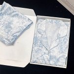 Атласная пижама двойка длинный рукав и штаны, голубая