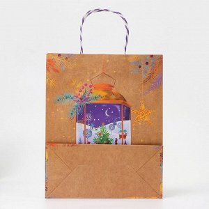 Пакет бумажный подарочный новогодний крафт «Новогодняя лампа» 26x32x12 см