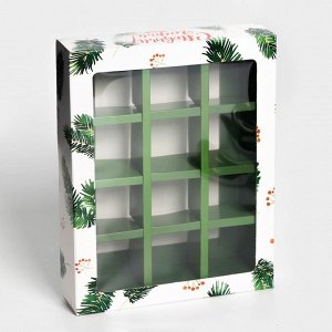 Коробка под 12 конфет "Елочные ветки", 19 х 15 х 3,6 см, кондитерская упаковка, Новый год