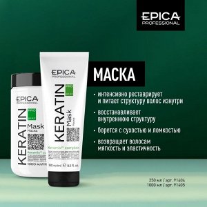 Keratin PRO Маска для реконструкции и глубокого восстановления волос с гидролизованным кератином, комплексом KERAMIX™, маслами карите, кокоса и авокадо, 250 мл