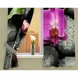 Фотошторы кухонные "Орхидея на камнях", размер 145х160 см-2 шт, габардин 00209