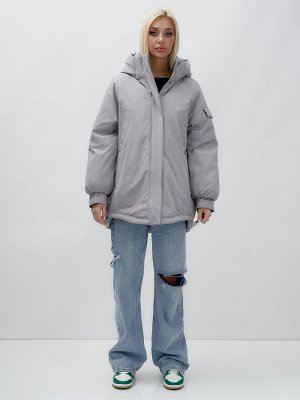 Куртка летучая мышь женская с капюшоном зимняя серого цвета 9630Sr