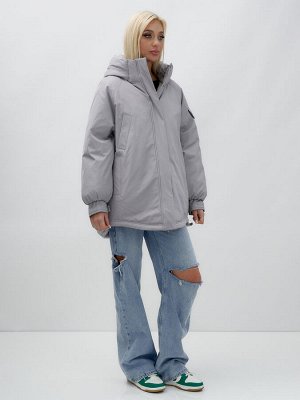 Куртка летучая мышь женская с капюшоном зимняя серого цвета 9630Sr