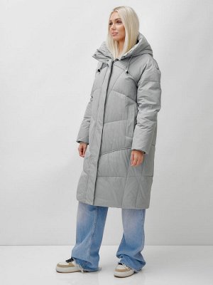 Пальто летучая мышь женское с капюшоном зимнее серого цвета 9616Sr