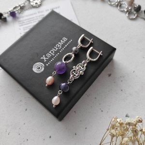Серьги с лиловым жемчугом, темным жемчугом, аметистом