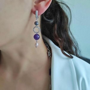 Серьги с лиловым жемчугом, темным жемчугом, аметистом