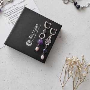 Серьги с лиловым жемчугом, темным жемчугом, аметистом