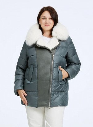 Женское зимняя куртка с капюшоном и широким натуральным меховым воротником, цвет сине-зеленый