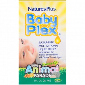 Nature's Plus, Source of Life, Animal Parade, Baby Plex, жидкие мультивитаминные капли без сахара, с натуральным вкусом апельсин