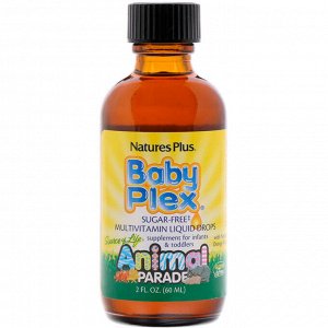 Nature's Plus, Source of Life, Animal Parade, Baby Plex, жидкие мультивитаминные капли без сахара, с натуральным вкусом апельсин