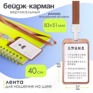 Бейдж - карман вертикальный, внешний размер 98x58 мм, внутренний размер 85x54 мм, металл, золотой, на ленте 40 см