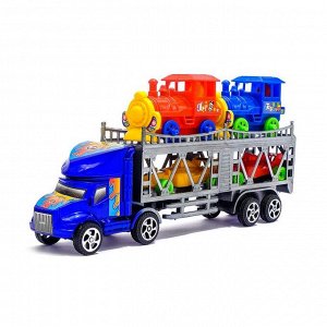 Грузовик инерционный «Автовоз», 2 машинки и 2 паровоза, цвета МИКС