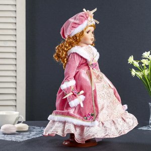 Кукла коллекционная керамика "Ариша в розовом платье и пальто с муфтой" 40 см