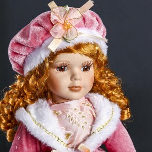 Кукла коллекционная керамика "Ариша в розовом платье и пальто с муфтой" 40 см