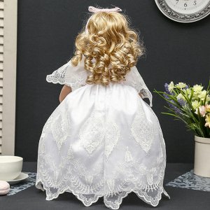 Кукла коллекционная керамика &quot;Маленькая Поля в белом платье с цветами&quot; 45 см