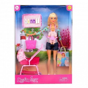 Кукла модель шарнирная «Молодая мама» с пупсом, коляской и аксессуарами, МИКС
