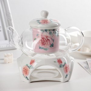 Чайник заварочный с керам. ситом и подставкой для подогрева "Роза" чайник 0,65л, цвета МИКС