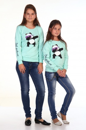 Свитшот для девочки интерлок пенье"Панда",размер 36-46, рост 140-164 цвет ментоловый