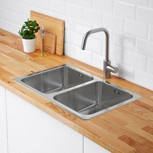HILLESJ?N, встроенная раковина, 2 чаши, нержавеющая сталь, 75x46 см