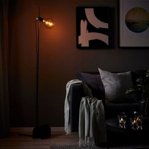 HÅRSLINGA / MOLNART, торшер с электрической лампочкой, черное/круглое серое прозрачное стекло