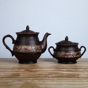 Чайный набор "Витязь" чайник-1,6 л и сахарница 0,85 л, роспись ангобом, микс