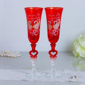 Набор свадебных бокалов «Совет да любовь», с сердцем на ножке, красный