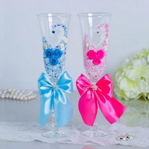 Набор свадебных бокалов "Фантазия", с лепниной и бисером, розово-голубой