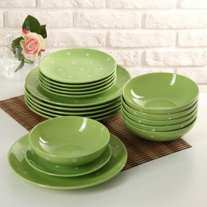 Набор тарелок керамических Доляна «Зелёный горох», 18 предметов: 6 тарелок d=19 см, 6 тарелок d=27 см, 6 мисок d=19 см, цвет зелёный