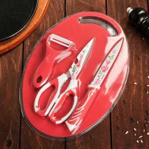 Набор кухонный, 4 предмета: нож, ножницы с антиналипающим покрытием, овощечистка, доска, цвет красный