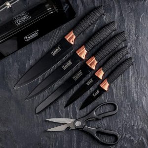 Набор кухонный на подставке, 6 предметов: 5 ножей, лезвие 20 см, 24 см, 32 см, 32 см, 32,5 см, ножницы, цвет чёрный