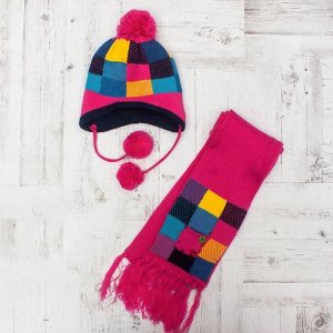 Комплект утеплённый для девочки "Клеточка" (шапка, шарф), р-р 50, цвет розовый