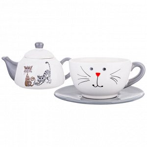 Чайный набор на 1 персону 3 пр. "озорные коты" чайник 470мл чашка 450мл (кор=12набор.)