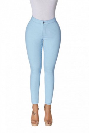 Светло-голубые джинсы-скинни с высокой талией и накладными карманами сзади