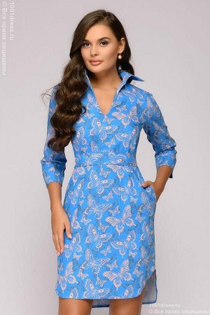 Платье-рубашка разноуровневое голубое с принтом "бабочки"
