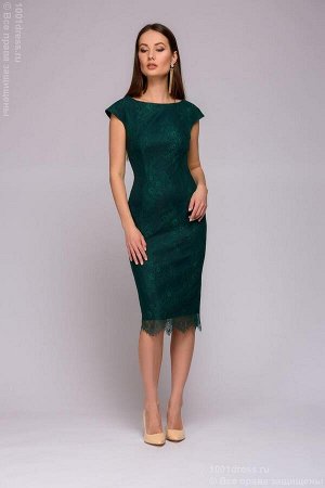 Платье-футляр изумрудного цвета гипюровое с короткими рукавами