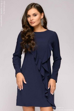Платье темно-синее длины мини с воланом и длинными рукавами