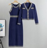 Повседневный трикотажный костюм: платье -карандаш + короткий кардиган на пуговицах, синий