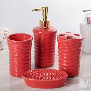 Набор для ванной 4 предмета (дозатор, мыльница, 2 стакана), цвет красный
