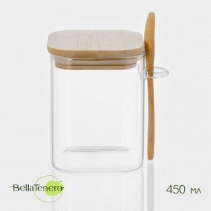 Банка для сыпучих продуктов BellaTenero «Эко», 450 мл, 10.5*8.2*10.5 см, с бамбуковой крышкой и ложкой, стекло, прозрачная