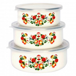 Набор 3 штуки (400 мл, 700 мл, 1000 мл) эмалированных салатников с пластиковыми крышками EM-00003A/32 "Рязанские цветы"