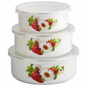Набор 3 штуки (400 мл, 700 мл, 1000 мл) эмалированных салатников с пластиковыми крышками EM-00003A/59 "Клубника"