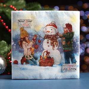 Салфетки новогодние бумажные New Line FRESCO «Снеговик и дети», 2 слоя, 33х33 см, 20 шт