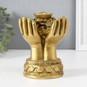 Нэцкэ фигурка полистоун под бронзу «Монеты и слитки в ладонях», 7.7x10.7x14 см