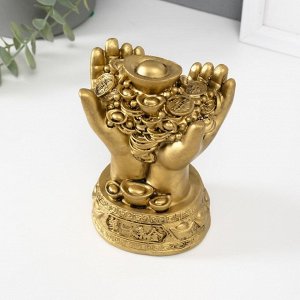 Нэцкэ фигурка полистоун под бронзу «Монеты и слитки в ладонях», 7.7x10.7x14 см