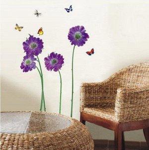 Наклейка интерьерная винил "Фиолетовые цветы с бабочками". 904617