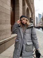 Женская куртка с плюшевым капюшоном и карманами, цвет серый