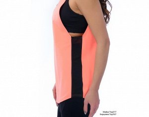 Майка Майка двухцветная комбинированная удлиненная, по бокам вставки из сетки, на спинке "принт".  Материал: MERYL  СЕТКА. Цвет - фламинго+черный, оранжевый+черный.