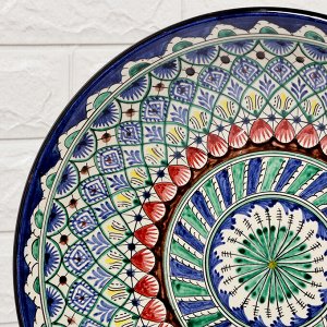 Ляган узбекский Риштанская керамика "Узоры" для плова, 33 см, синий, глубокий