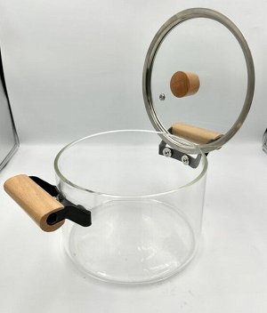 Кастрюля стеклянная 3,5л ручки из металла и дерева